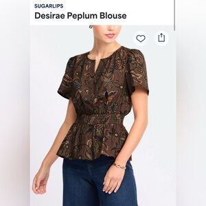 NWT -Sugarlips Brown Floral Peplum Blouse. Size Medium.